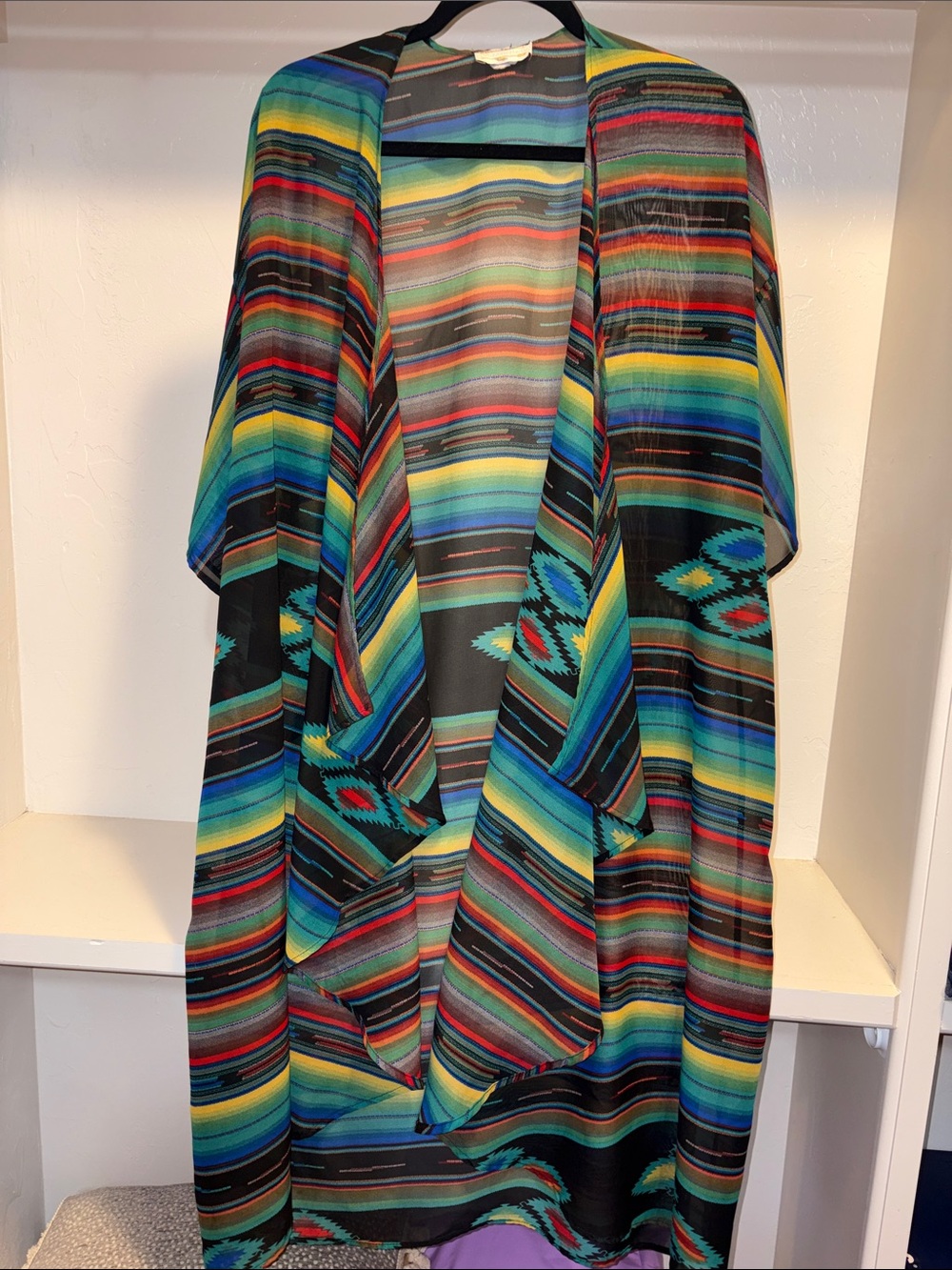 Open-Front Multicolor Striped Kimono Tunic - Black & Teal Accent